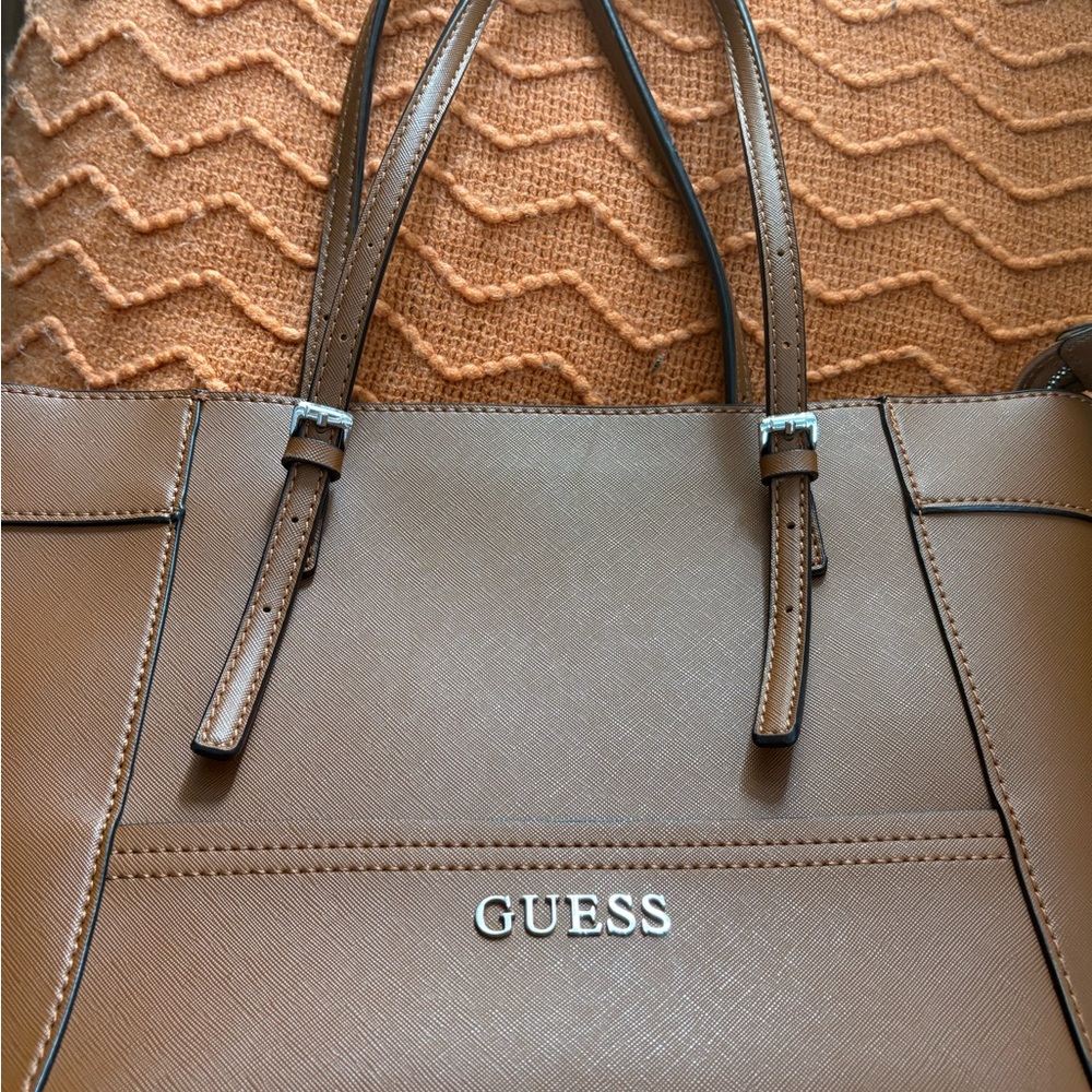 GUESS Tan Saffiano Tote with Silver Logo